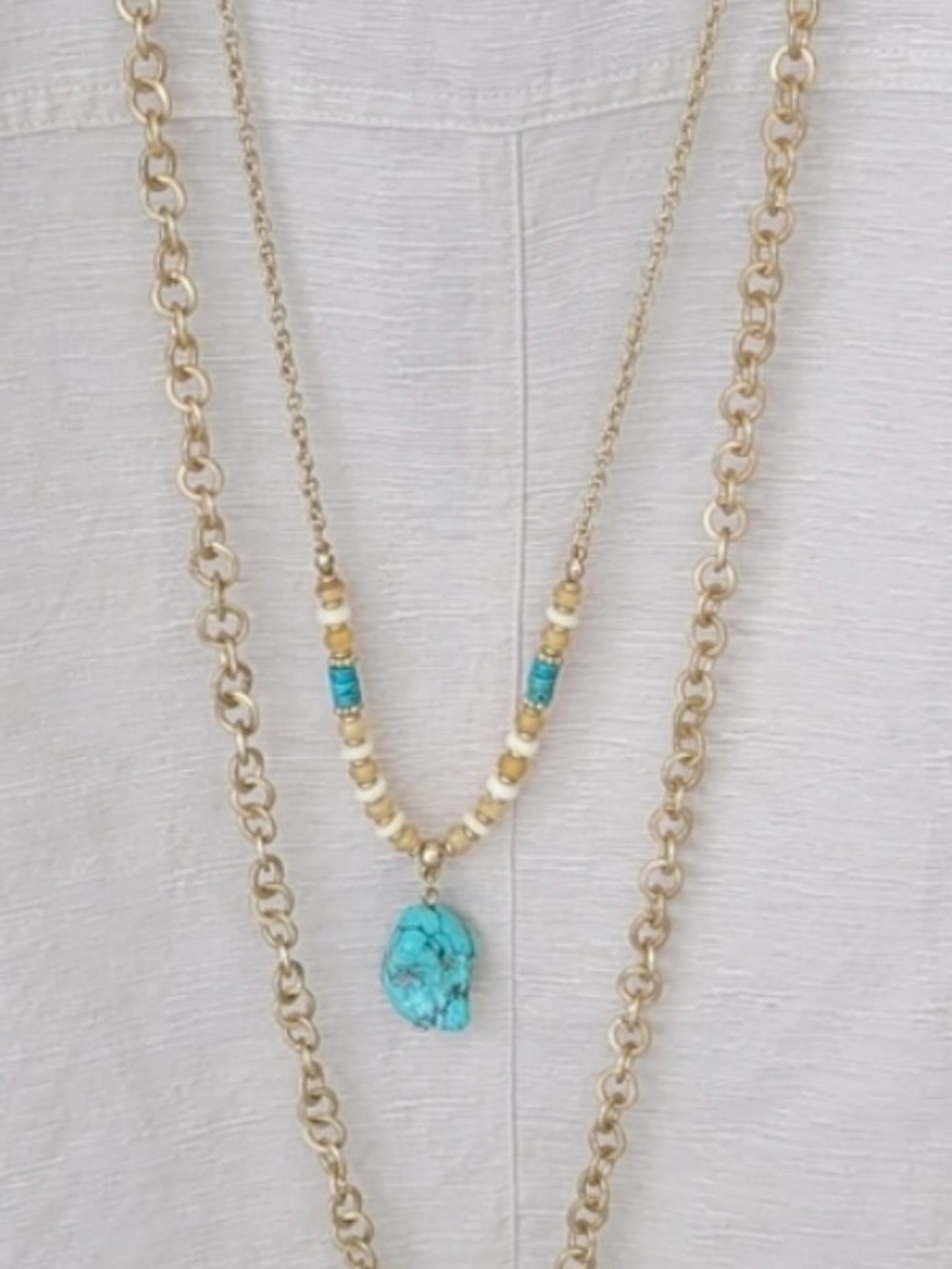 Chico's Gold Tone Double Strand Turqoise Holite Faux Horn Bead 46" Necklace